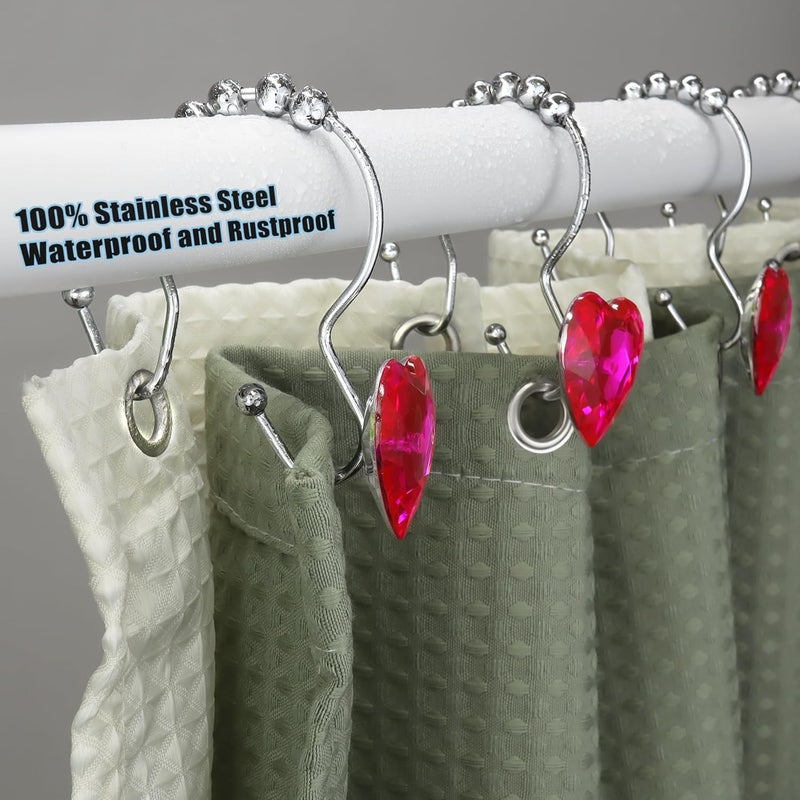 Yapicoco Shower Curtain Hooks Rings for Bathroom, 12PCS Heart Stainless Steel Rust Resistant Decorative Rhinestones Shower Curtain Rings Hangers for Shower Curtains (Double Hook Hot Pink) - Image 4
